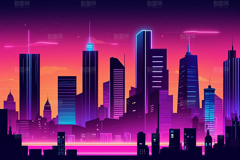 霓虹城市彩色元素插画