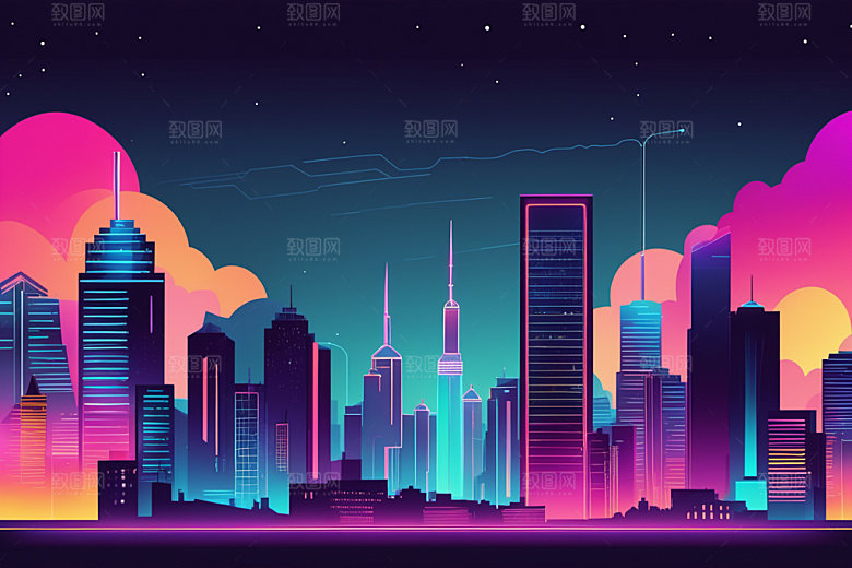 霓虹城市元素赛博朋克插画