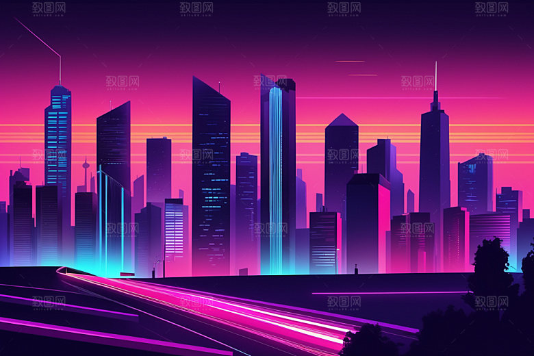 霓虹城市科技感彩色插画