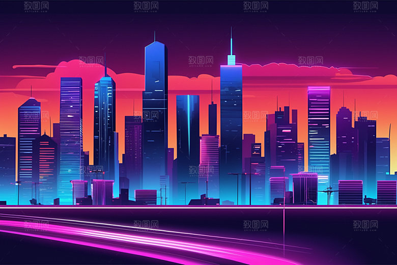 霓虹城市建筑彩色插画