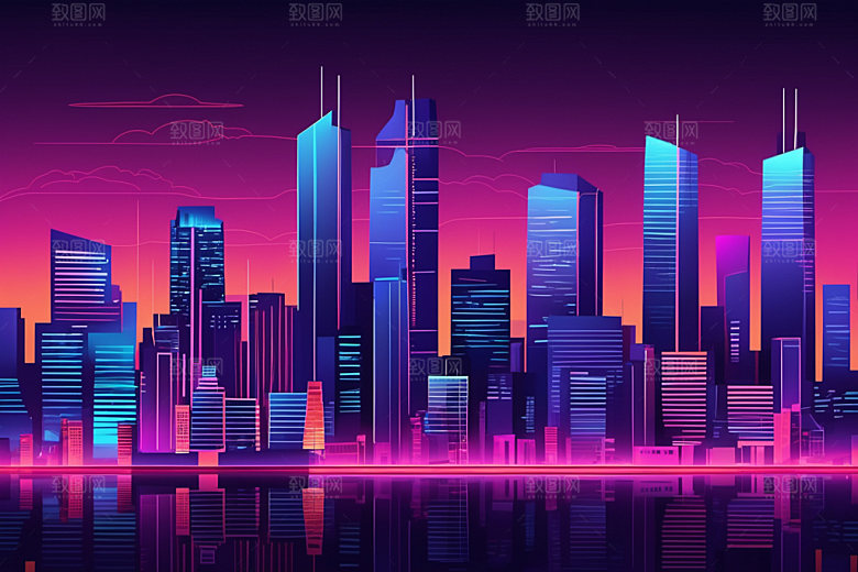 霓虹城市建筑时尚插画