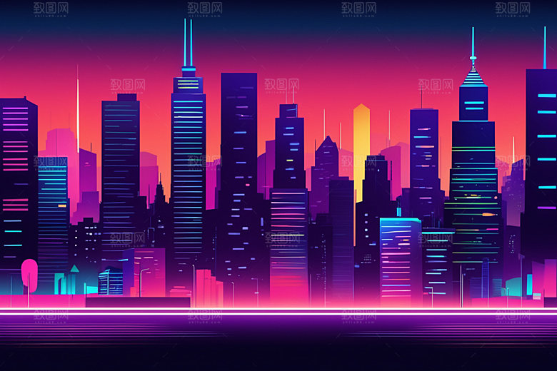 霓虹城市科技感地标插画