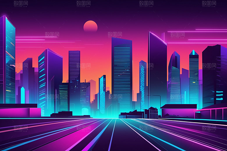 霓虹城市时尚彩色插画