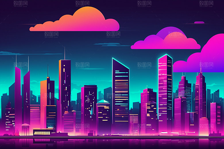 霓虹城市元素都市插画