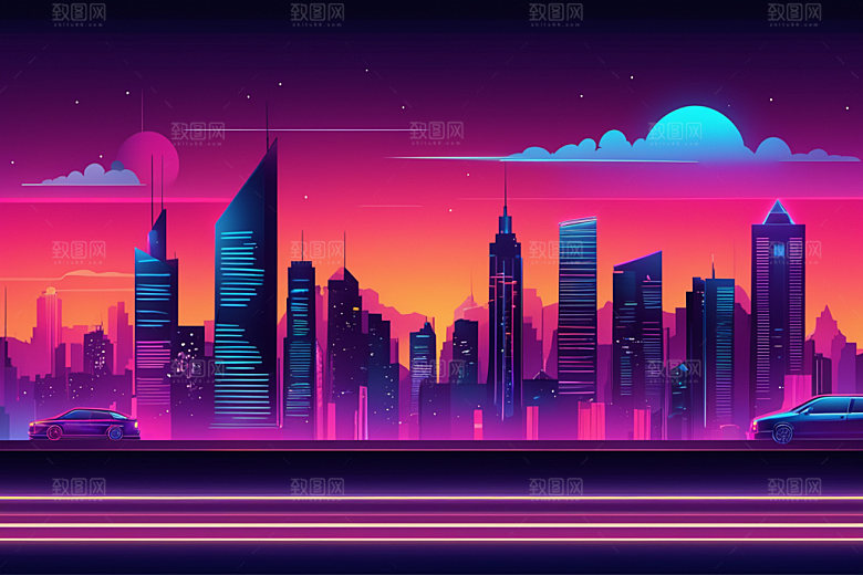 霓虹城市元素建筑插画