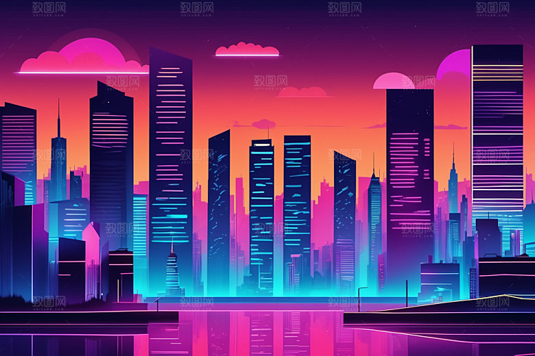霓虹城市科技感彩色插画