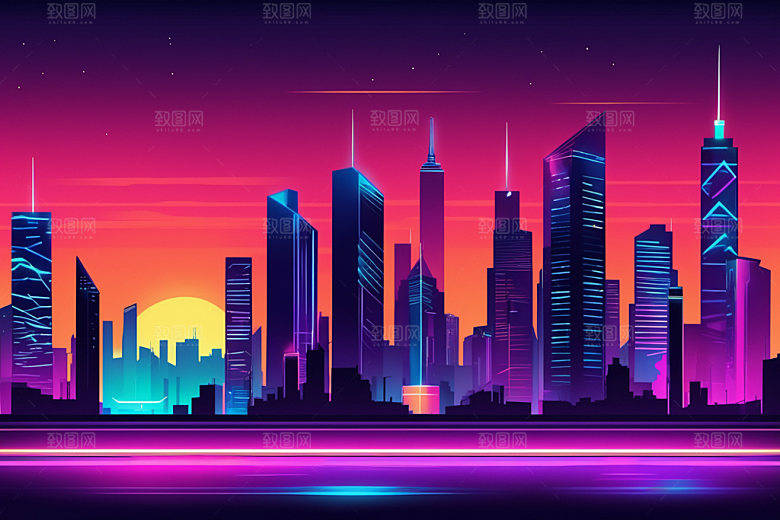 霓虹城市地标元素插画