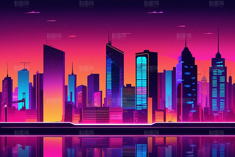 霓虹城市赛博朋克科技感插画