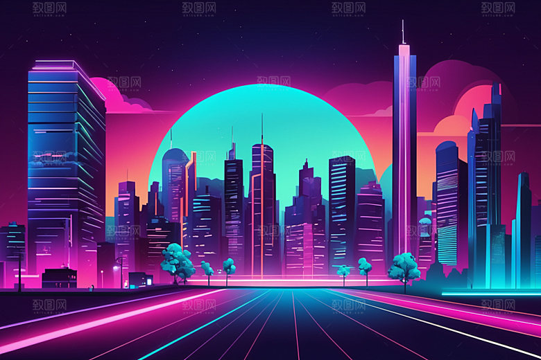 霓虹城市赛博朋克元素插画