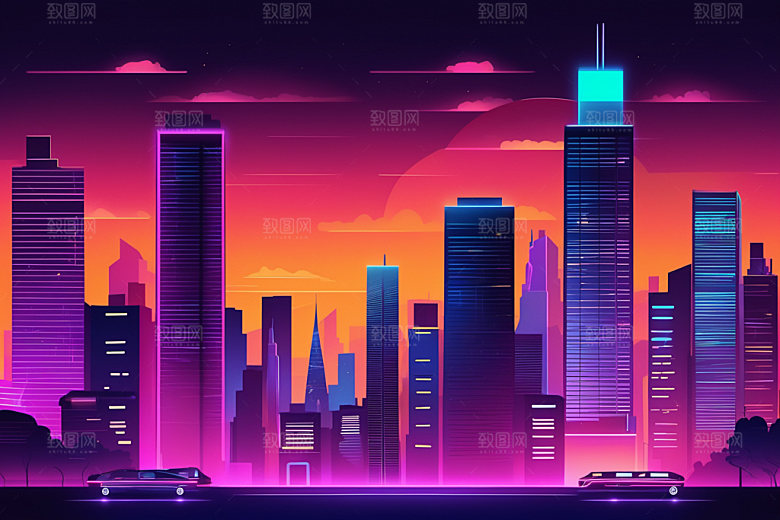 霓虹城市建筑时尚插画