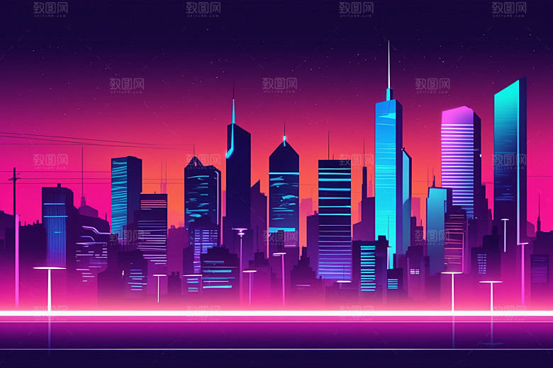 霓虹城市科技感都市插画