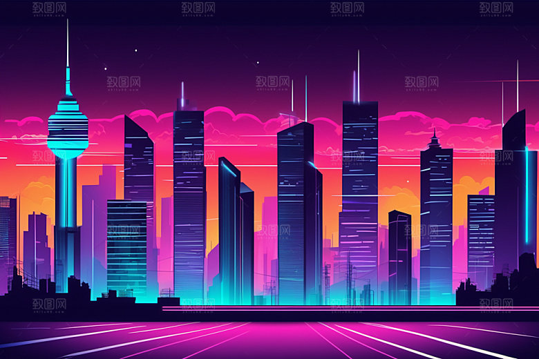 霓虹城市地标彩色插画