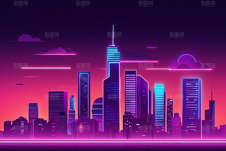 霓虹城市建筑地标插画