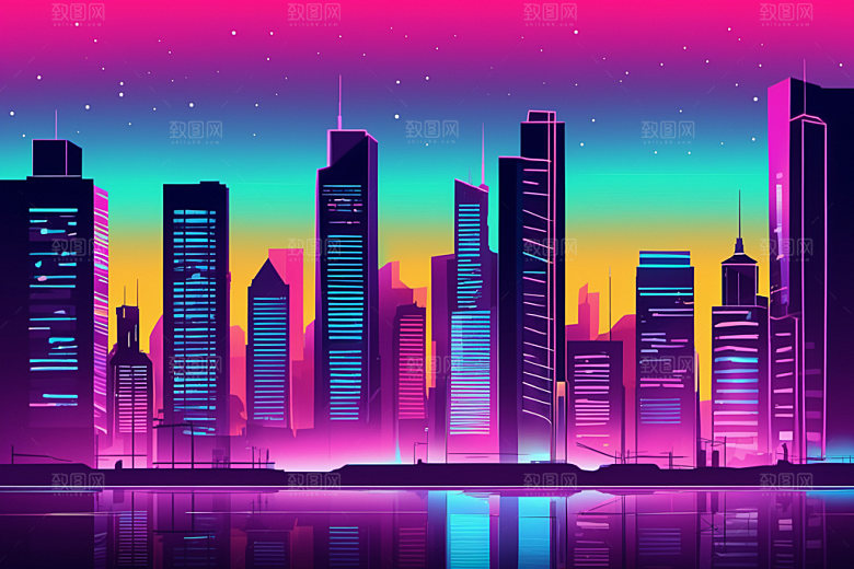 霓虹城市都市赛博朋克插画