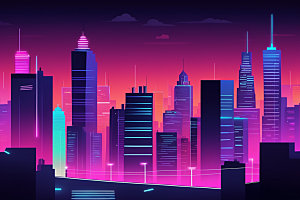 霓虹城市地标彩色插画