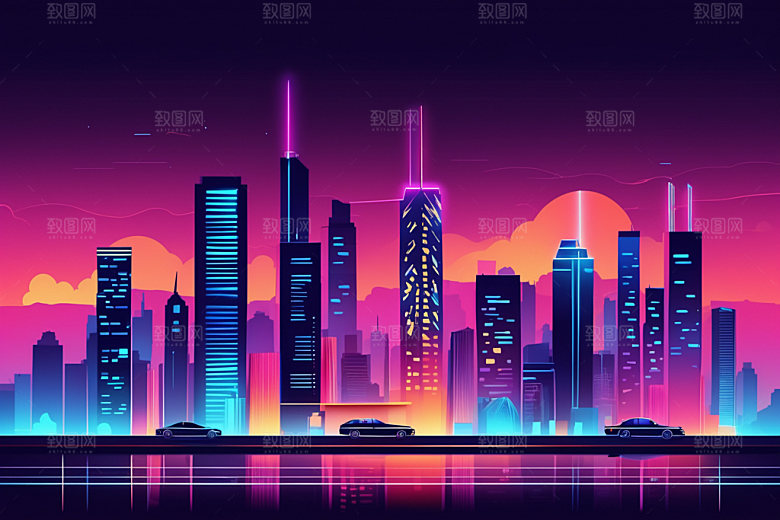 霓虹城市彩色时尚插画