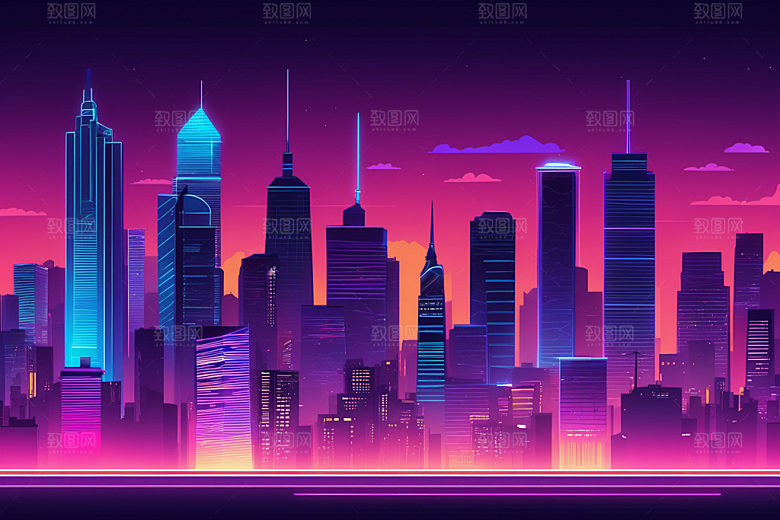 霓虹城市都市彩色插画