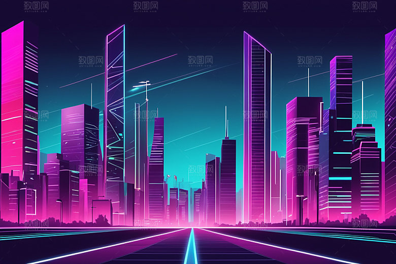霓虹城市赛博朋克地标插画
