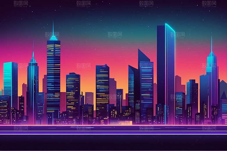 霓虹城市建筑地标插画