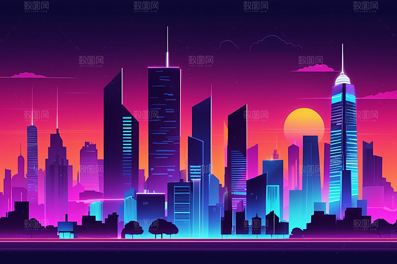 霓虹城市建筑赛博朋克插画
