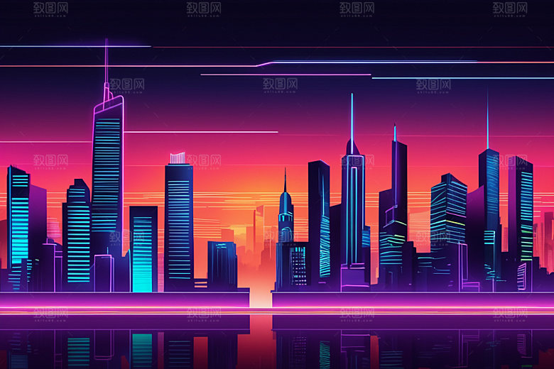 霓虹城市未来地标插画