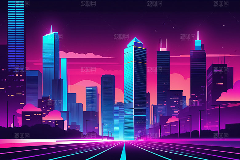 霓虹城市地标赛博朋克插画
