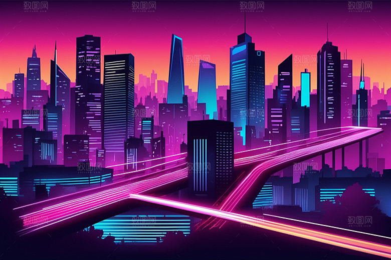 霓虹城市地标彩色插画