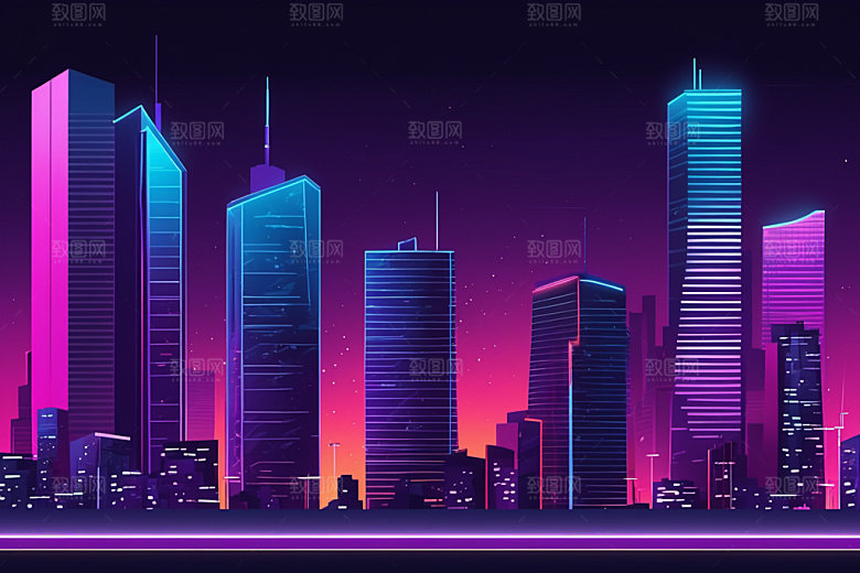 霓虹城市元素科技感插画