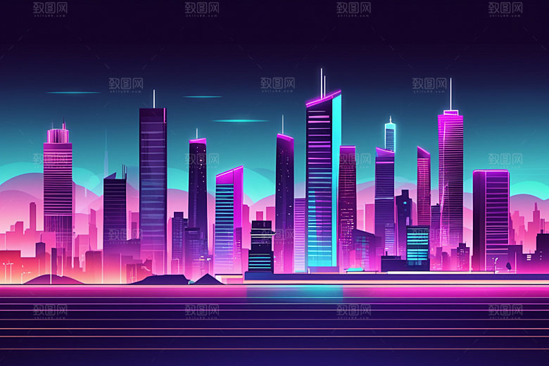 霓虹城市科技感元素插画