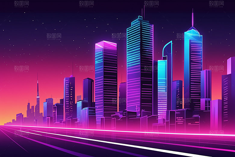 霓虹城市未来建筑插画