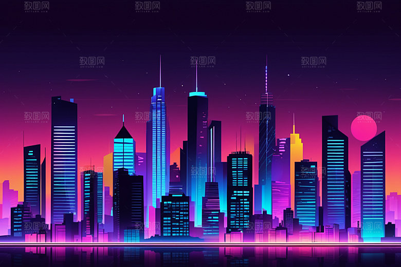 霓虹城市地标科技感插画
