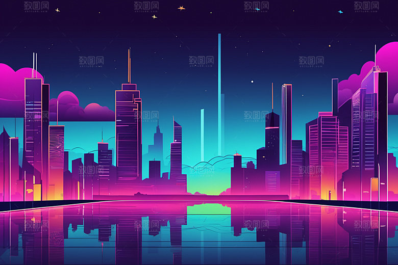 霓虹城市元素彩色插画