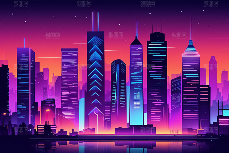 霓虹城市建筑都市插画