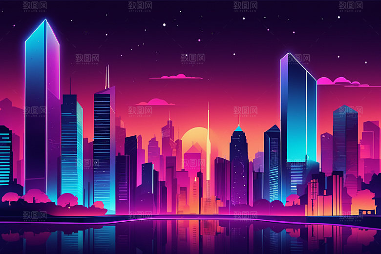 霓虹城市彩色都市插画
