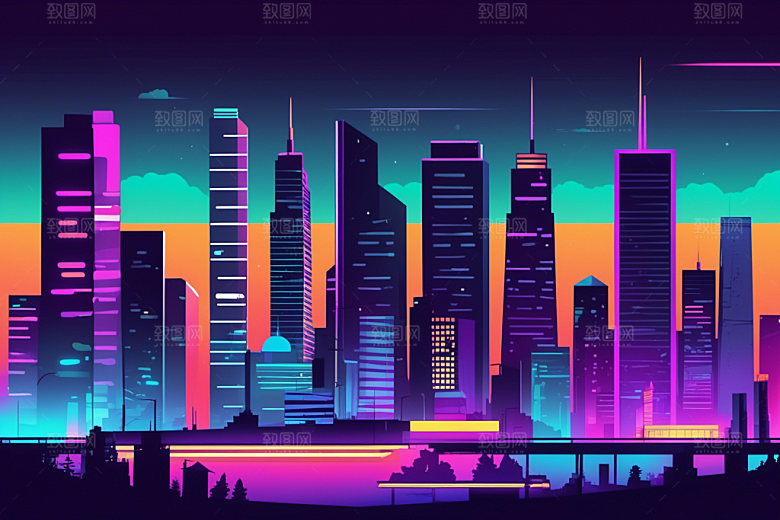 霓虹城市科技感地标插画
