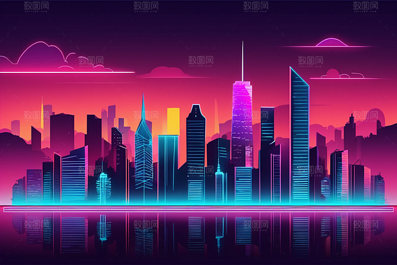 霓虹城市时尚建筑插画