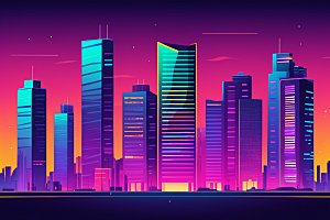 霓虹城市科技感地标插画