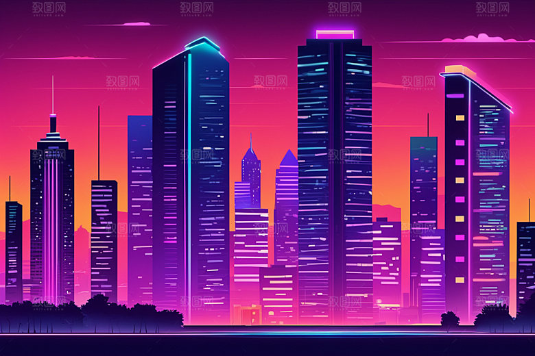 霓虹城市时尚地标插画