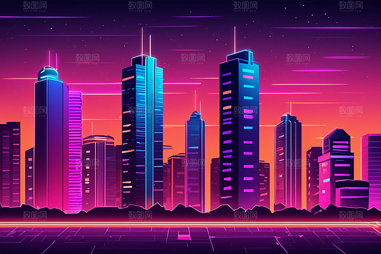 霓虹城市彩色建筑插画