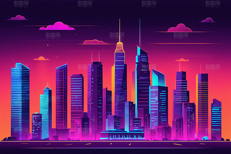 霓虹城市地标时尚插画