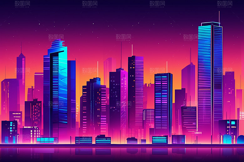 霓虹城市建筑未来插画