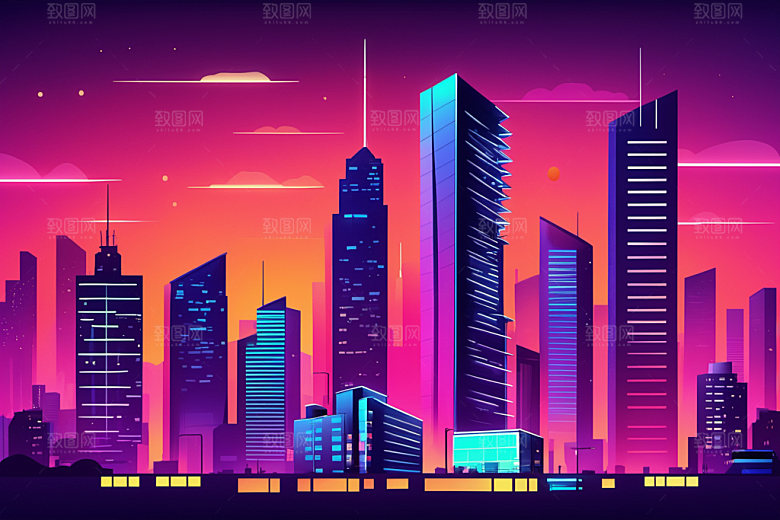 霓虹城市建筑未来插画