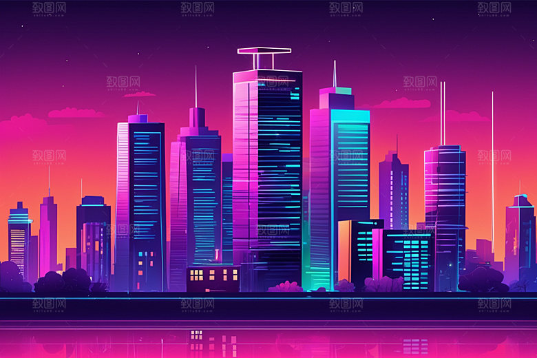 霓虹城市元素彩色插画
