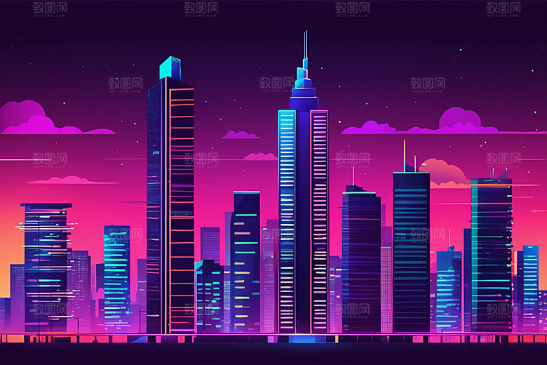 霓虹城市彩色元素插画