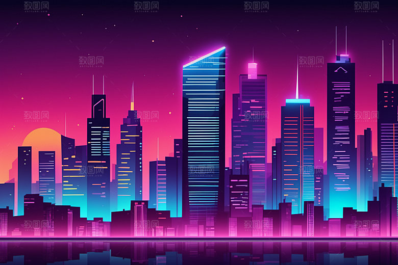霓虹城市建筑元素插画