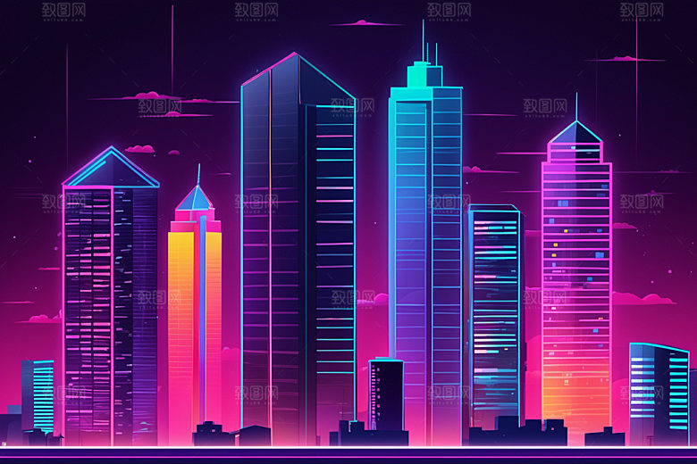 霓虹城市建筑时尚插画