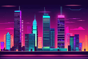 霓虹城市建筑元素插画