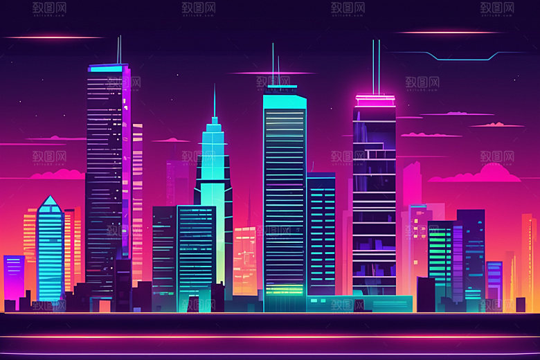 霓虹城市建筑元素插画