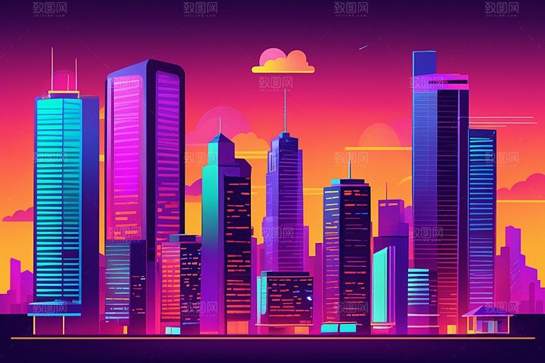 霓虹城市地标建筑插画