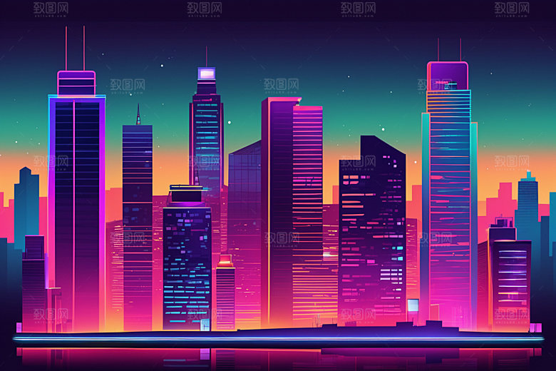 霓虹城市赛博朋克元素插画